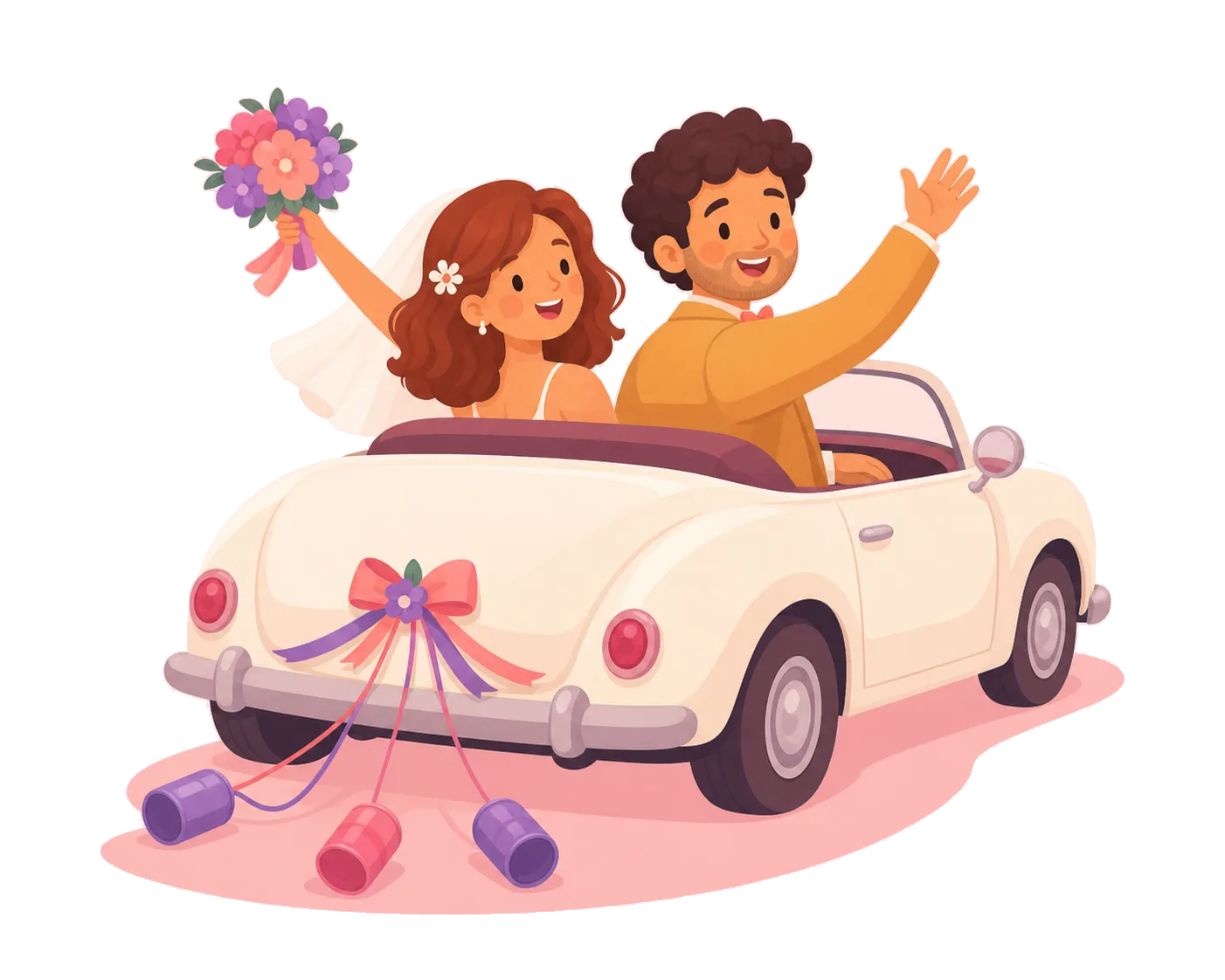Ilustración de una pareja saliendo en coche de bodas