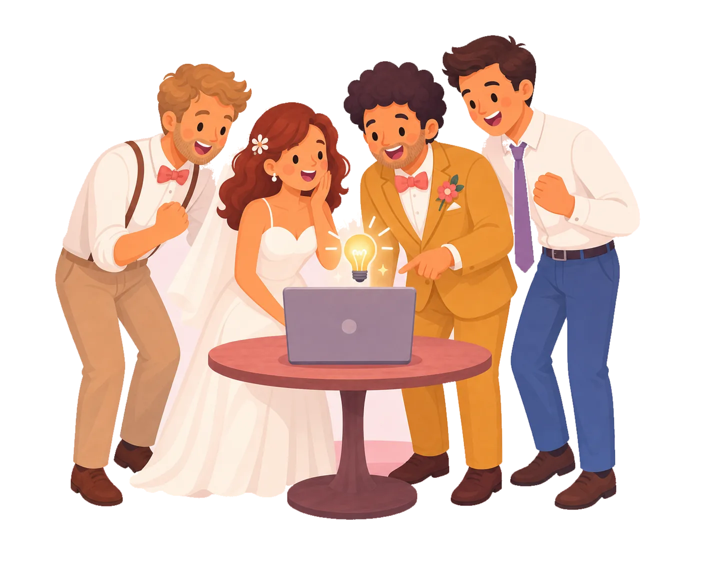 Ilustración de Sergio, Carmen, Guillermo y Gonzalo creando una web de boda